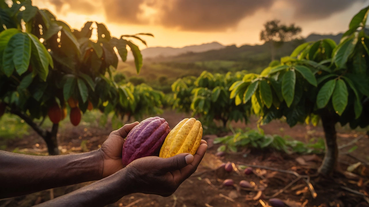 Farmer holding fresh cacao pods on West African plantation