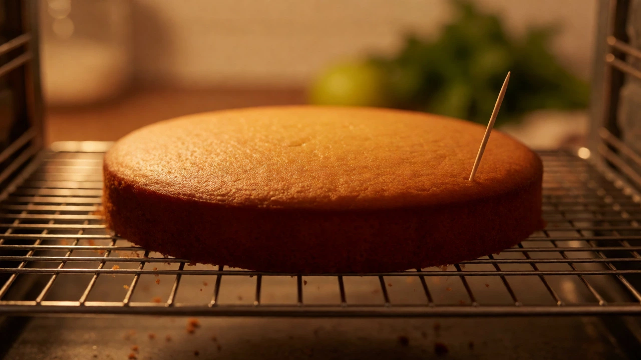 Golden gluten-free layer cake cooling on a rack with a toothpick inserted to check doneness.