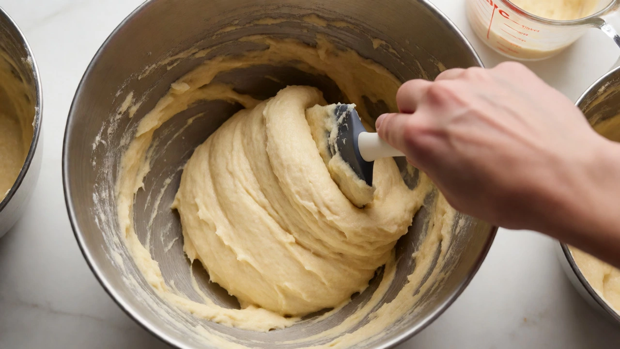 Hand gently folding thick gluten-free batter in a metal bowl with a spatula.