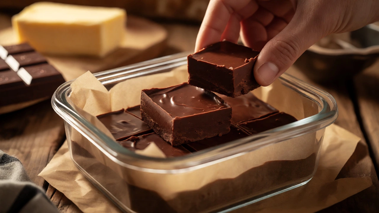 Hand placing smooth, creamy fudge squares into an airtight storage container.