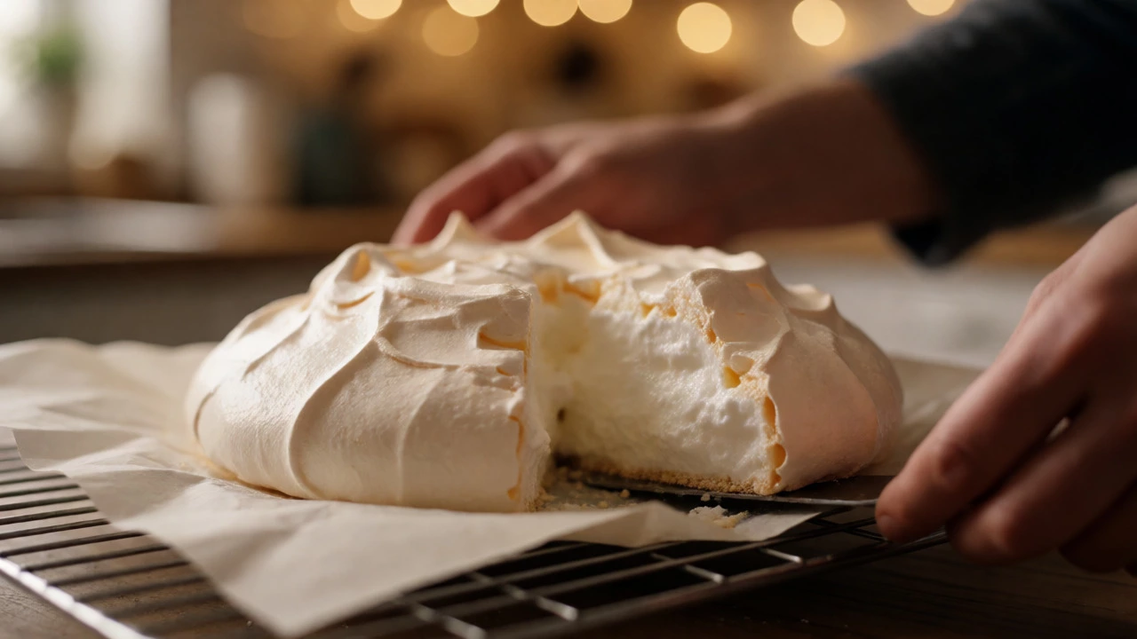 Lifting a cooled pavlova off baking paper with a knife