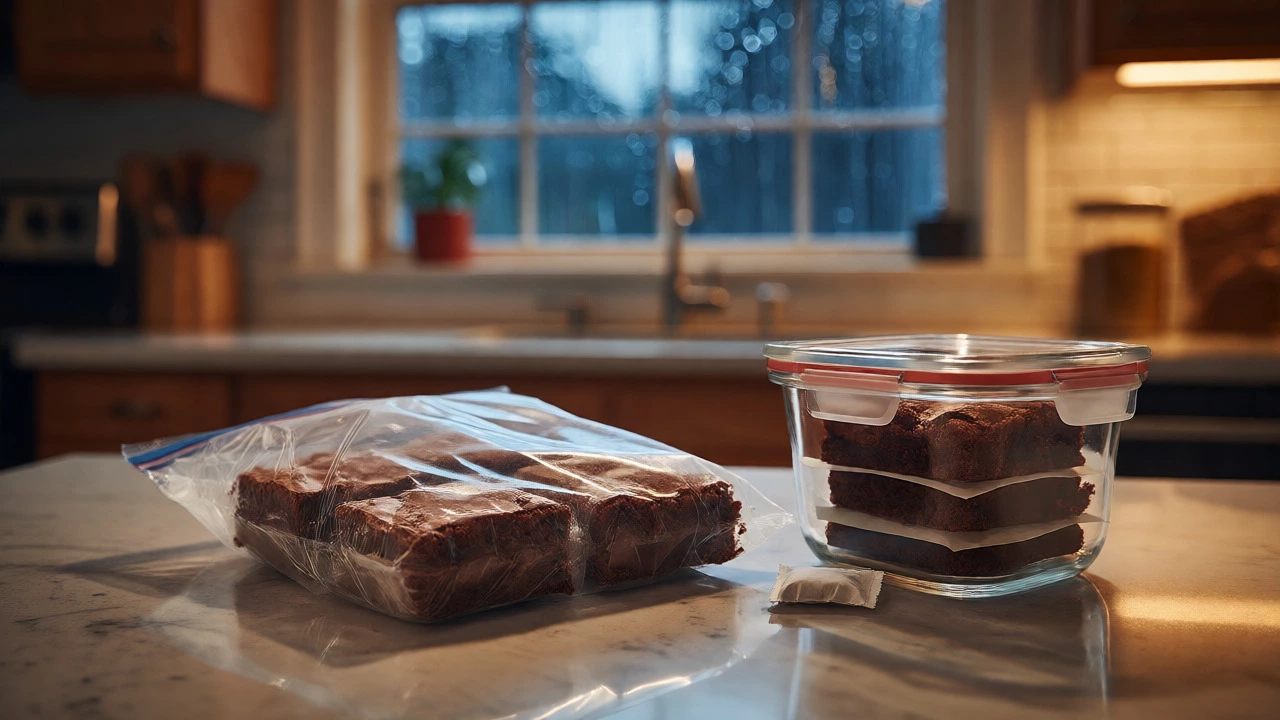 Properly stored brownies in airtight containers and freezer bags