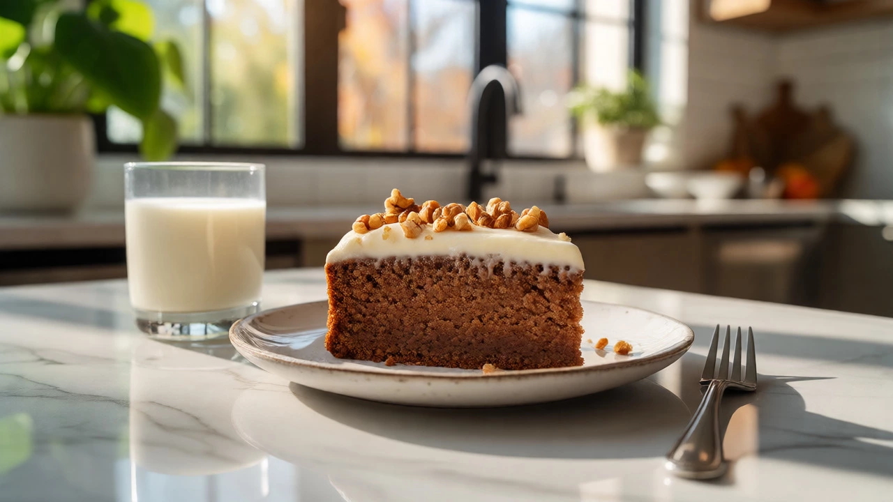 Slice of vegan chocolate cake with cream cheese frosting