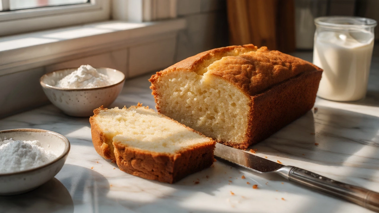 Slicing a moist gluten-free almond flour cake on a marble counter with baking ingredients nearby.