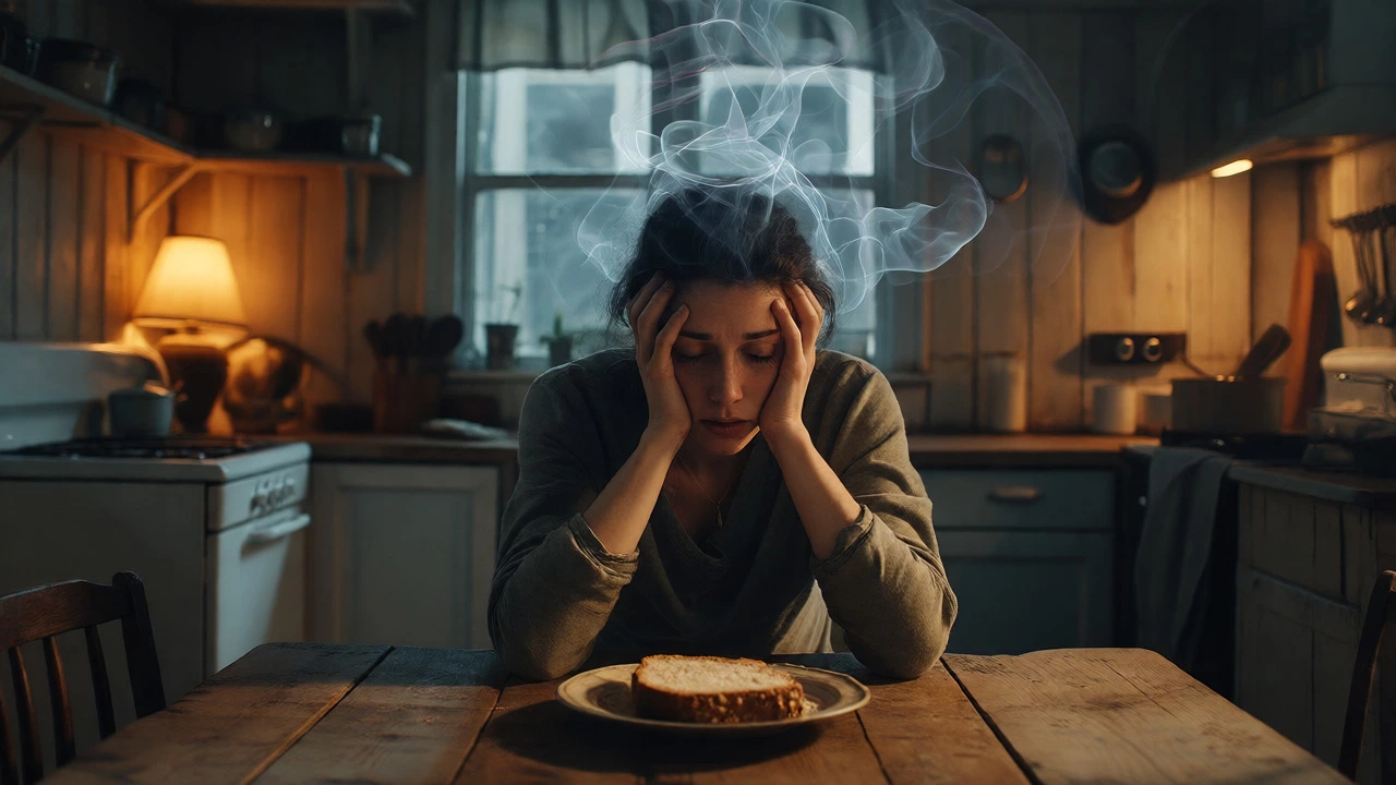 Tired woman sitting at a kitchen table with bread, surrounded by abstract brain fog effects.