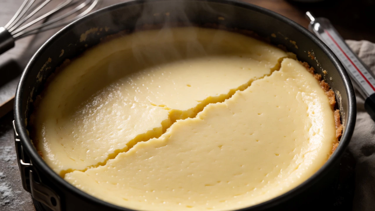Top-down view of a baked cheesecake with a prominent crack running through the center.