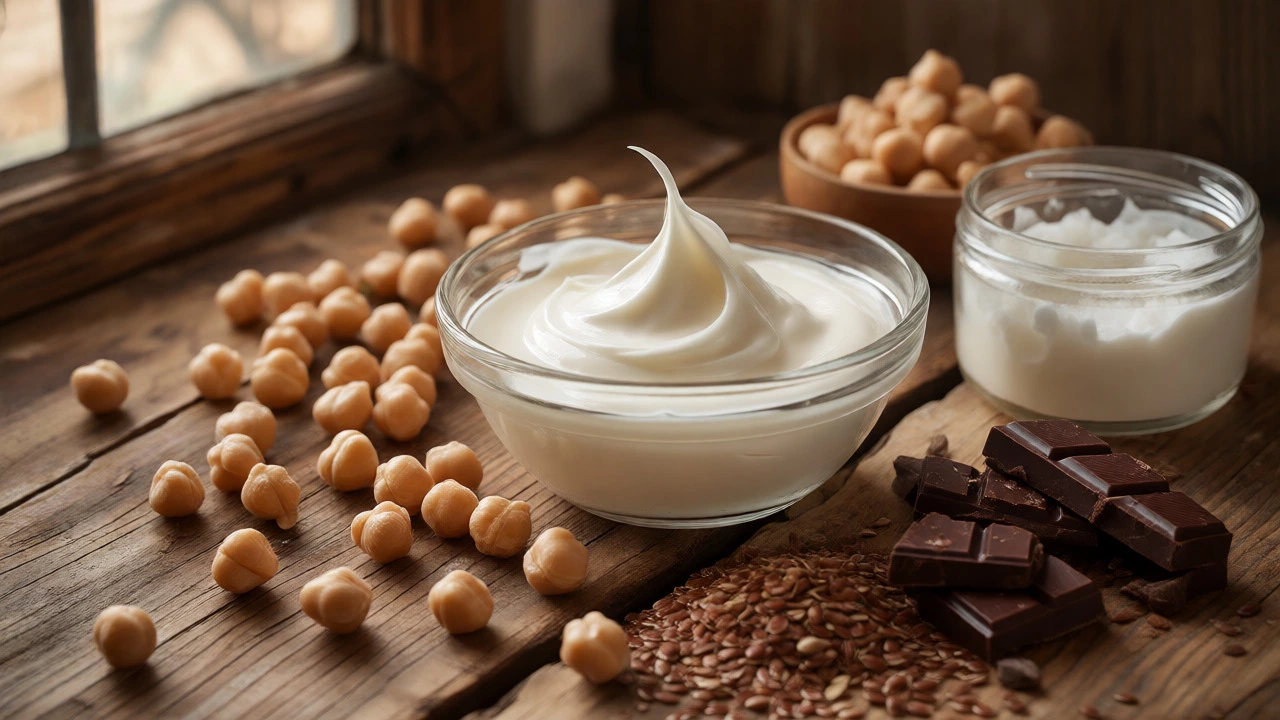 Whipped aquafaba and vegan baking ingredients like flaxseed and coconut oil on a table.