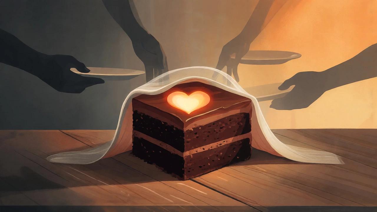 Artistic depiction of chocolate cake symbolizing comfort