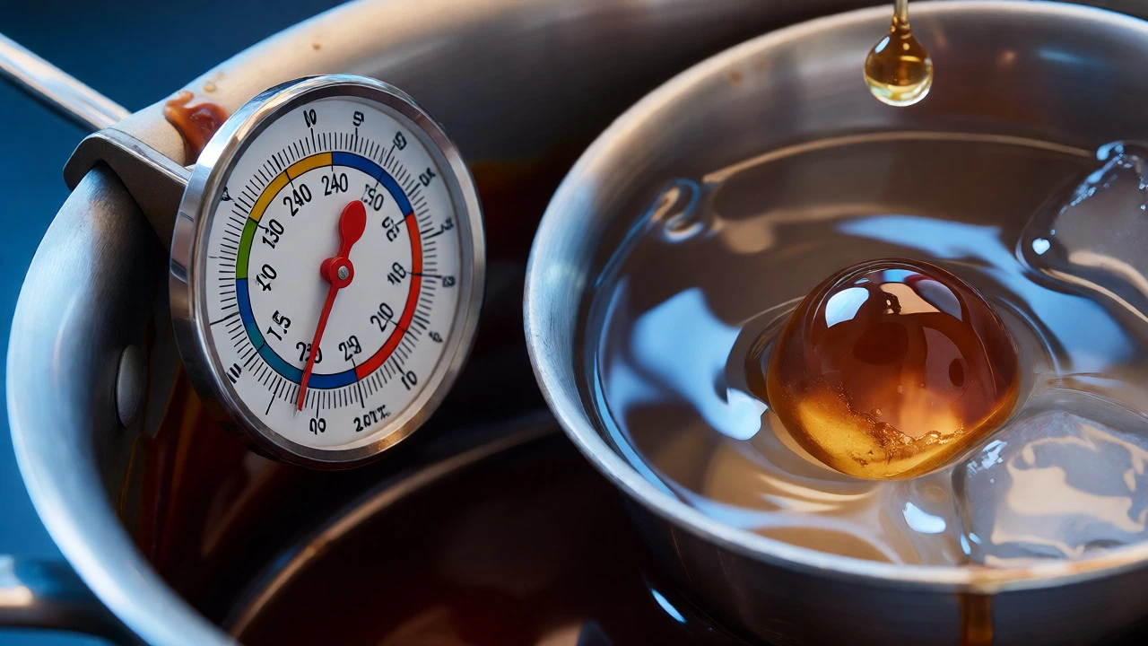 Candy thermometer and soft ball test in ice water
