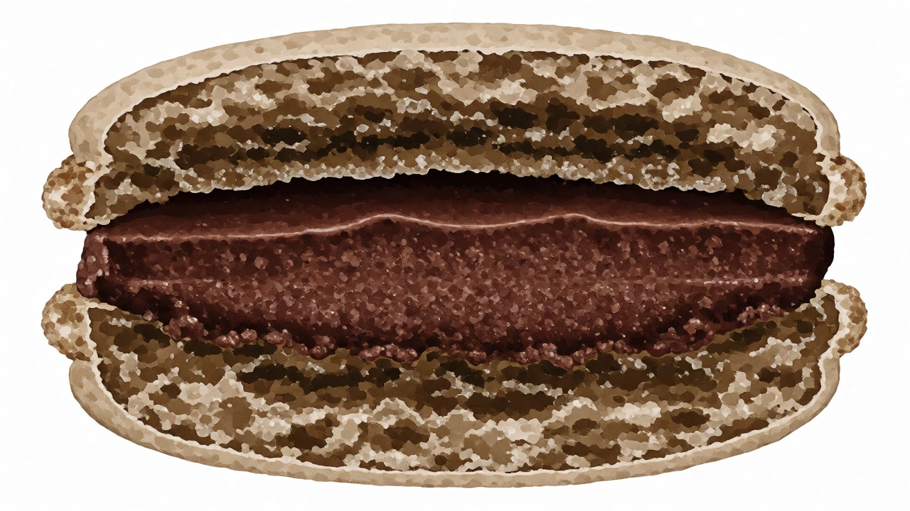 Cross-section view of a macaron showing shells and ganache filling.