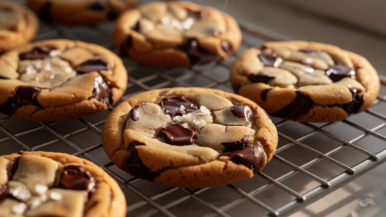 Freshly baked chocolate chip cookies with sea salt on a cooling rack