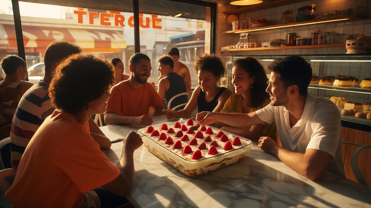 Friends enjoying Brazilian fruit tiramisu together in a sunlit modern bakery setting.