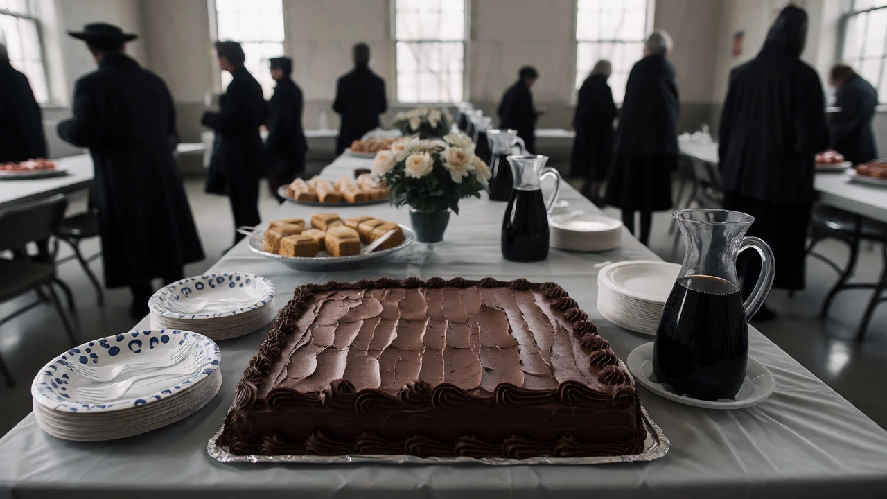 Funeral reception table with chocolate cake and coffee