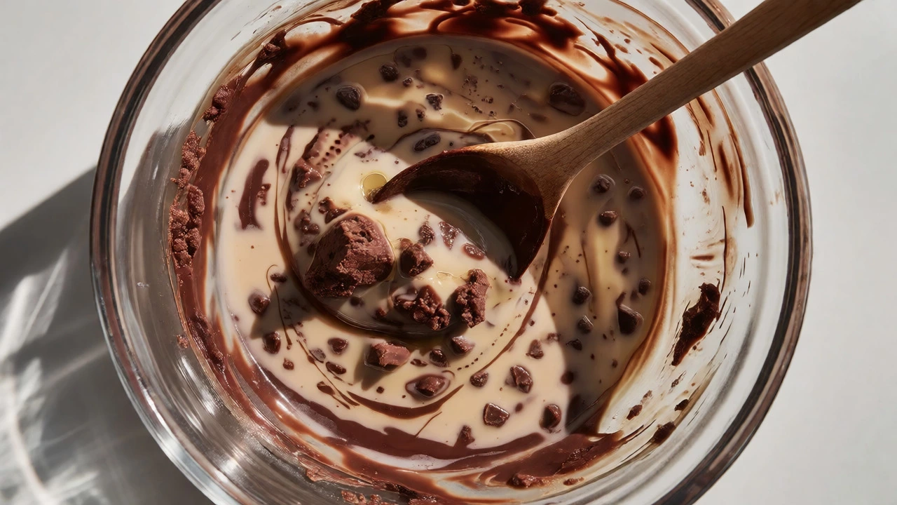 Grainy, separated chocolate mixture in a glass bowl showing seized fudge