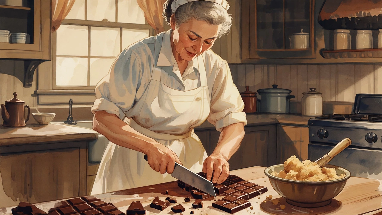 Illustration of Ruth Wakefield chopping chocolate for cookies in 1938