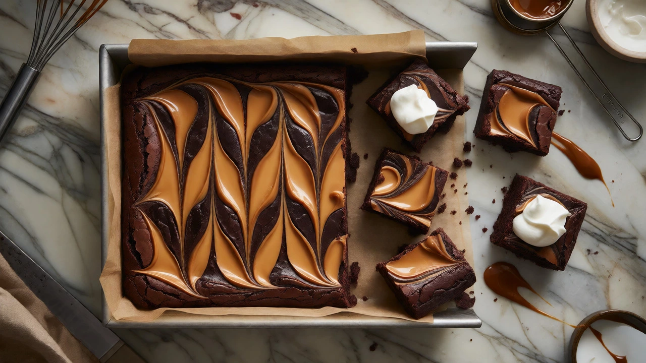 Marbled dulce de leche brownies in a baking pan with swirls of caramel and chocolate.