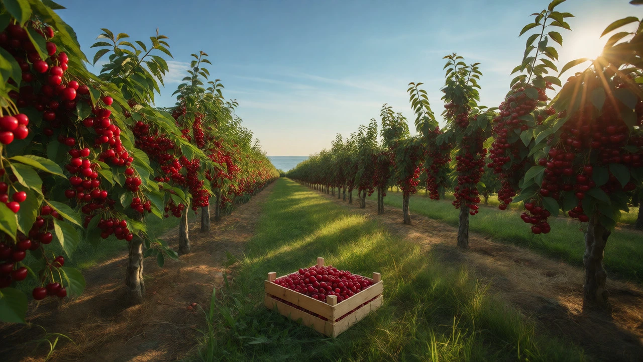 Michigan cherry orchard in Traverse City with crates of fresh tart cherries and lake view.