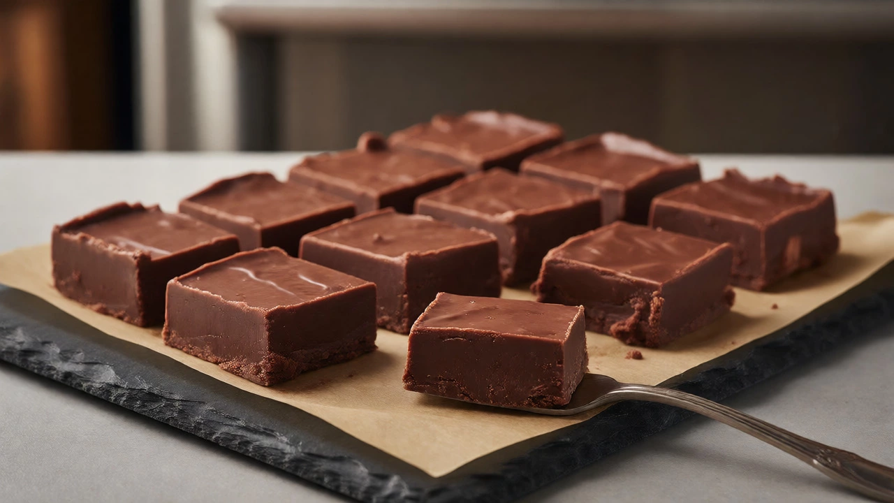 Neatly cut squares of firm, set chocolate fudge on a slate board