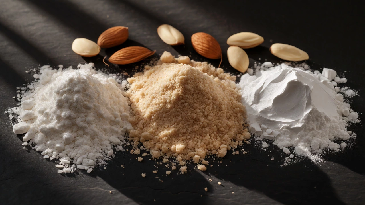 Rice, almond, and tapioca flours arranged on slate