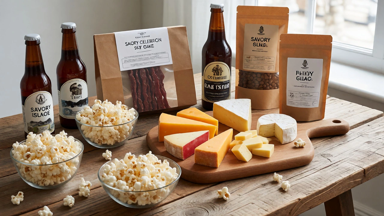 Savory gift spread with cheese, popcorn, jerky, and craft drinks