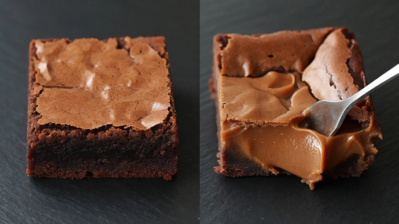 Side-by-side comparison of a crackly-topped classic brownie and a soft dulce de leche brownie.