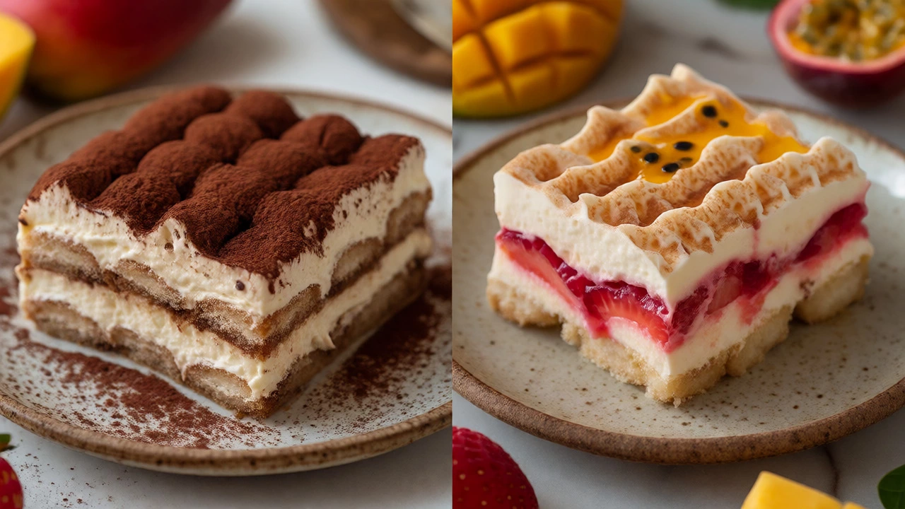 Side-by-side comparison of traditional Italian tiramisu and fruity Brazilian tiramisu variations.