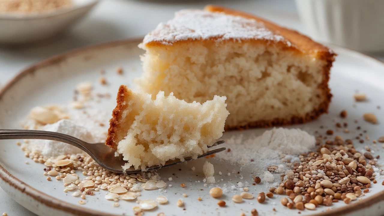 Slice of gluten-free cake with quinoa and sorghum