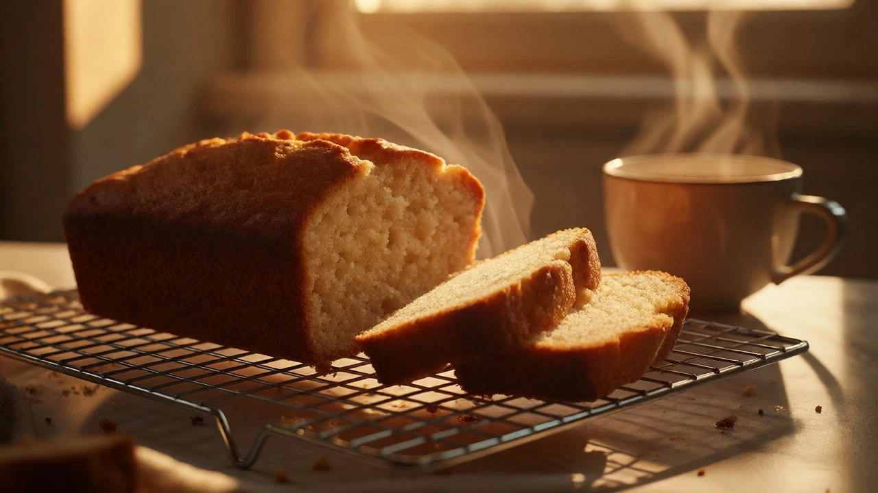 Sliced moist gluten-free cake cooling on a wire rack with steam rising.