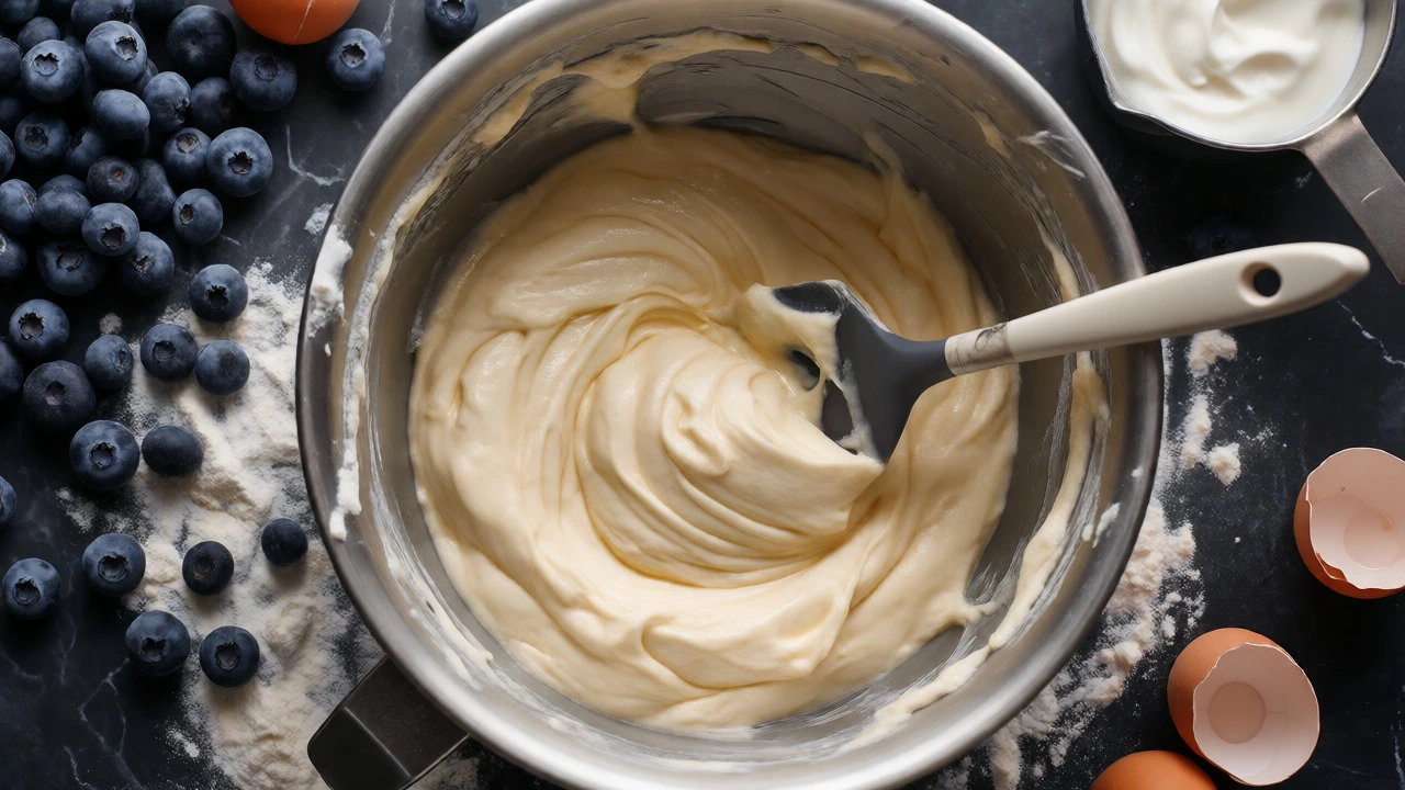 Smooth gluten-free batter resting in a metal bowl with blueberries nearby.