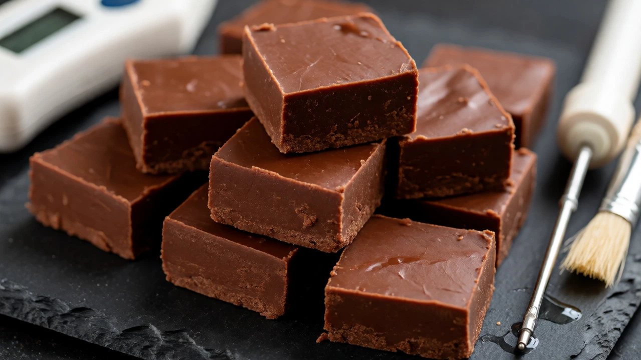 Stack of smooth, grain-free homemade fudge squares next to a thermometer.