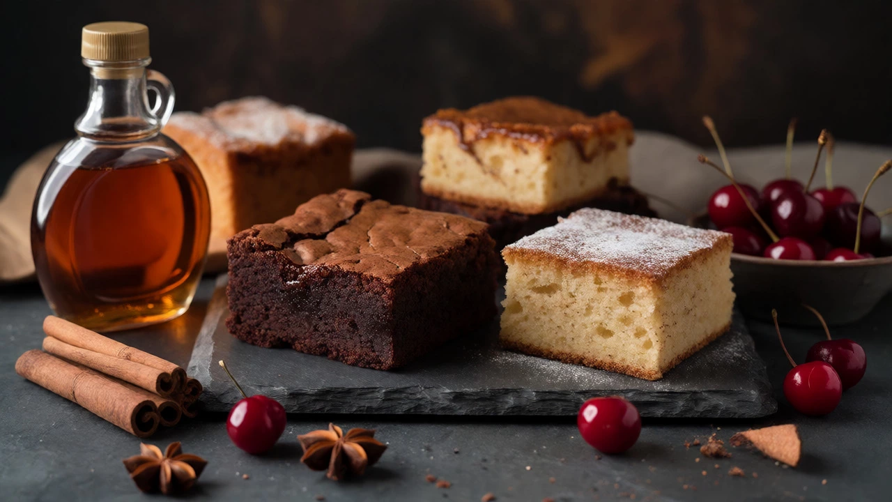 Still life of Michigan desserts including maple cake and Detroit-style brownies with spices.
