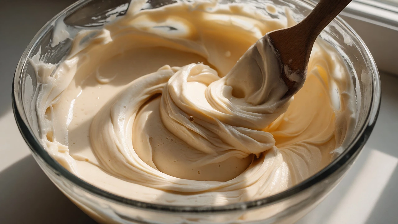 Thick, matte fudge mixture being beaten in a bowl