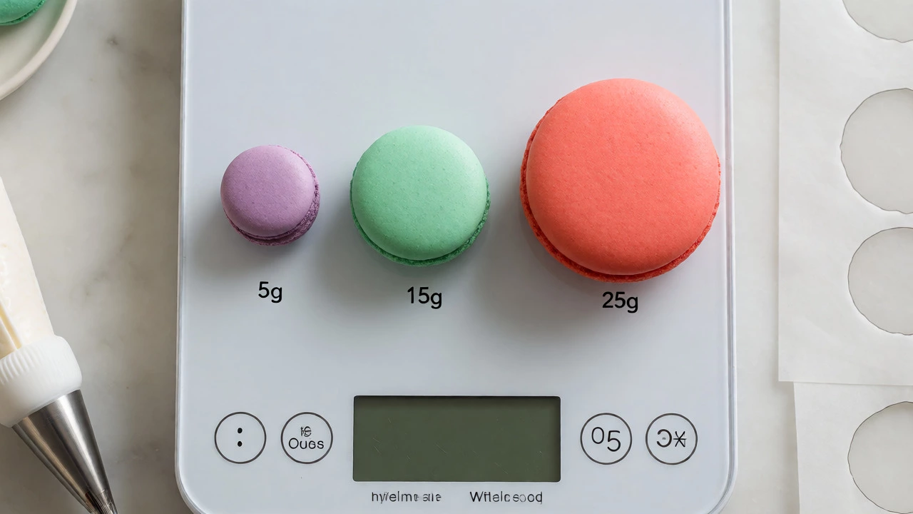 Three macarons of different sizes placed on a digital kitchen scale.