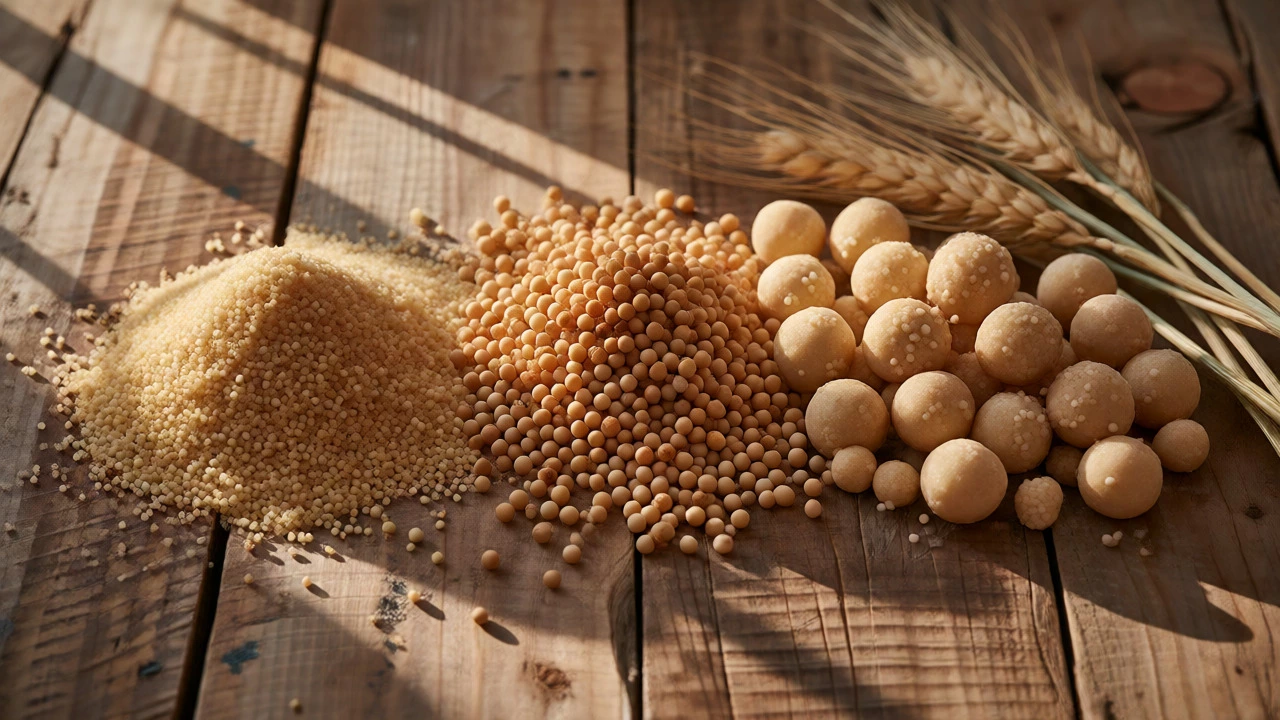 Three types of couscous next to durum wheat stalks
